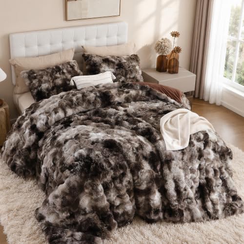 YIKUSH Twin Faux Fur Soft Comforter Set, Fluffy Bedding Set, Tiedye Coffee