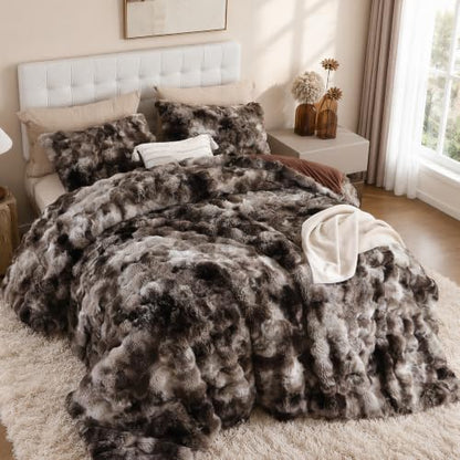 YIKUSH Queen Faux Fur Soft Comforter Set, Fluffy Bedding Set, Tiedye Coffee