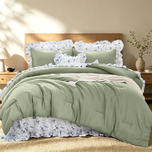 WONGS BEDDING 8PC Queen Comforter Set, Ruffle Comforter with Floral Sheets