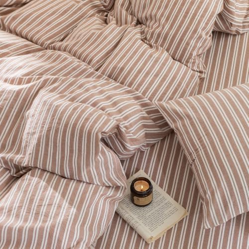 FOSSA Striped Duvet Cover Set 100% Washed Cotton Linen Feel King