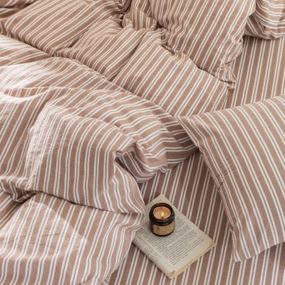 FOSSA Striped Duvet Cover Set 100% Washed Cotton Linen Feel King