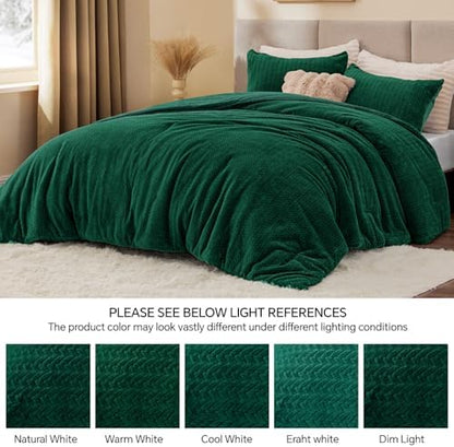 ChiXpace Fleece Full Size Comforter Set Green, Fluffy Bed Set 3 Pieces