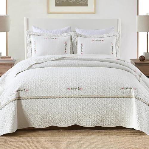 MarCielo 3-Piece 100% Cotton Oversized Bedspread Lightweight Quilt Coverlet Embroidery Farmhouse Bedding Set (Sakura White, Oversized Queen (100"x106"))