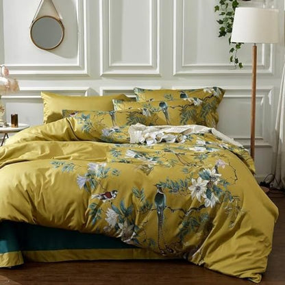 Vintage Style Flower Bird Comforter Set Queen Fluffy Soft Vibrant Color Floral Comforter Set Garden Style Bird Flower Botanical Comforter with 2 Pillowcases Queen Size Bed Comforter for All Seasons