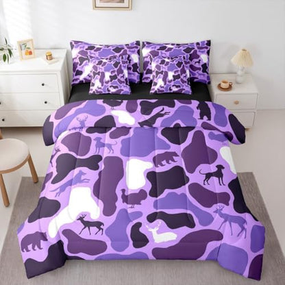 Erosebridal Camo 7 Piece Bedding Set Queen Wolf Deer Comforter Set with Sheets Retro Hound Turkey Bear Theme Bed in a Bag Army Purple Camouflage Woods for Kids Boys Girls