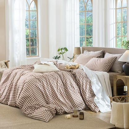 MooMee Gingham Duvet Cover Set 100% Washed Cotton Linen Like