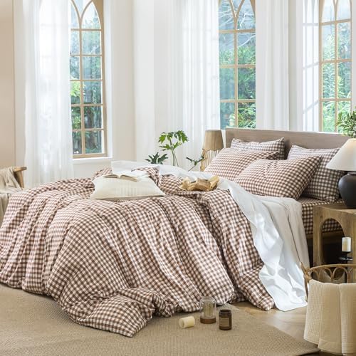 MooMee Gingham Duvet Cover Set 100% Washed Cotton Linen Like