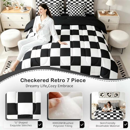 Feelyou Checkered Retro 7 Piece Bedding Set Teen Women Men Black White Plaid Comforter Set with Sheets Queen Size Kids Boys Geometric Vintage Bed in a Bag Modern Simple Groovy Aesthetic Room Decor
