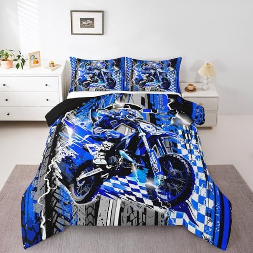 Feelyou Dirt Bike Kids Bedding Set,Boys Girls King Size,Extreme Sports Comforter Set,Racing Motocross Ultra Soft Duvet Quilt,Motorcycle Comforter Motorbike Bedroom Decor Blue