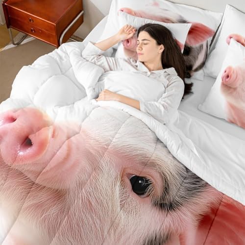 Erosebridal Pig 7 Piece Bedding Set Queen Cute Pet Comforter Set with Sheets Farmhouse Animal Bed in A Bag Kids Boys Girls Teens Bed Sets with 2 Pillowcases, 2 Throw Pillow Covers