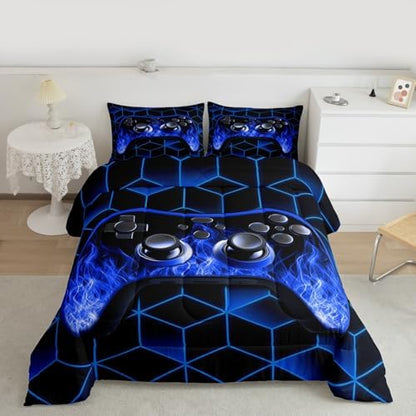 Blue Kids Bedding Sets for Boys Gamer Gifts, Neon Geometric Twin Comforter Set, 3D Geometric Kids Twin Bedding Set with Flame Game Consoles Gamer Decor