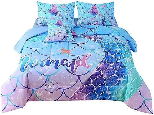 JQinHome Mermaid Comforter Set Full Size, 6 Piece Mermaid Tail Bed in A Bag,3D Colorful Mermaid Bedding Set for Girls Kids, Sparkle Teal Bedroom Decor Bedding Set with Sheets (Blue)