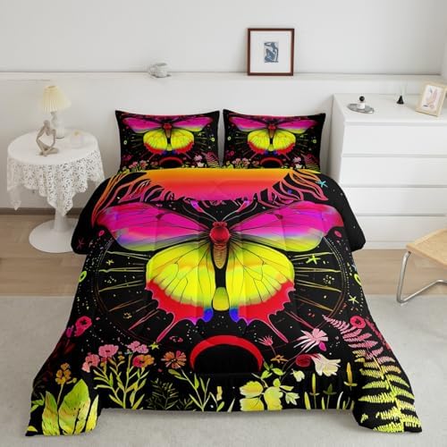 Sun and Moon Comforter Set Twin Rainbow Moth Bedding Sets Hippie Psychedelic Floral Botanical Comforter for Girls Teen Women,Trippy Galaxy Stars Planet Quilt Duvet Colorful 1 Pillow Case