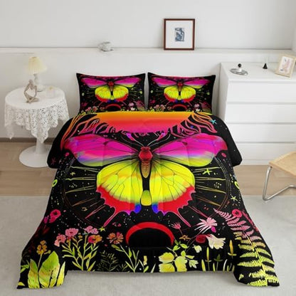 Sun and Moon Comforter Set Twin Rainbow Moth Bedding Sets Hippie Psychedelic Floral Botanical Comforter for Girls Teen Women,Trippy Galaxy Stars Planet Quilt Duvet Colorful 1 Pillow Case