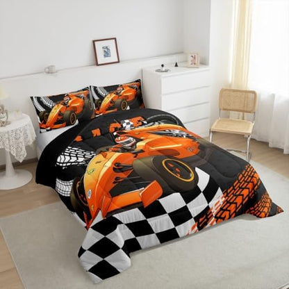 Go Kart Toddler Race Car Bed for Boys,Black and White Buffalo Checked Drift Kart Comforter Set Toddler Bedding Set,Square Grid Plaid Lattice Quilt,Orange Karting Extreme Sport Duvet Insert King