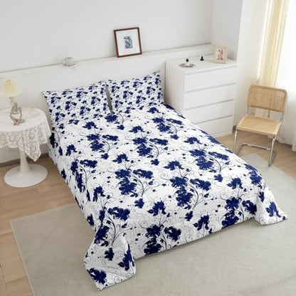 jejeloiu Blue Flower Comforter Set Twin Size Kids Floral Bedding Set for Boys Girls Teens Botanical Duvet Breathable Minimalist Aesthetics Quilt Bedroom Decor,1 Comforter with 1 Pillowcase