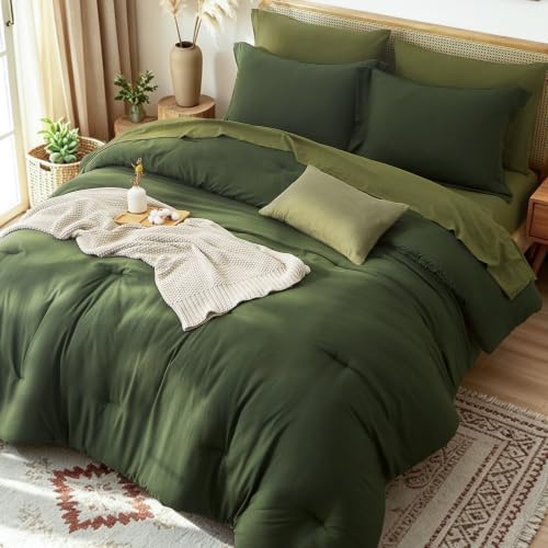 Prewashed King Size Comforter Set 7 Pieces, Dark Green Bed Set