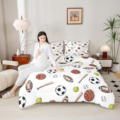 jejeloiu Ball Games Bedding Set for Boys Girls, Basketball Soccer Baseball Football Comforter Set King Size Gaming Sports Duvet Quilt Microfiber Sports Theme Bedroom Decor 3 Pcs with 2 Pillow Cases