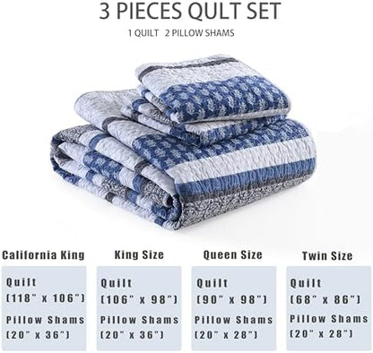 Homzard 100% Cotton King Size Comforter Set Blue Grey Striped Quilt Set