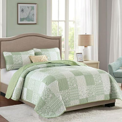Mybedsoul Light Green Quilts Queen Size, Patchwork Floral Bedding Set