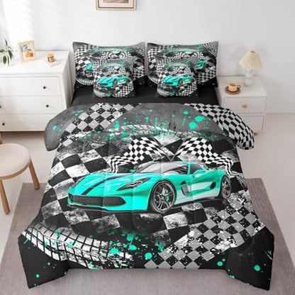 Castle Fairy Racing Car Comforter Set Bed in a Bag 7 Pieces Full,Boys Men Speed Sport Bedding Set,Vintage Abstract Geometric Track (Comforter+Fitted+Flat Sheet+2 Pillowcases+2 Throw Pillow Covers)