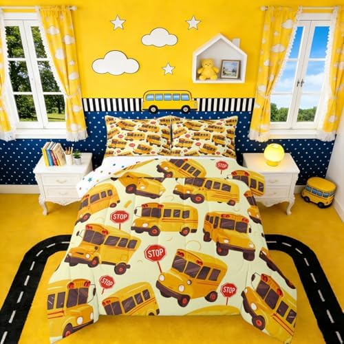 Erosebridal School Bus Comforter Set Toddler for Kids, Cartoon Truck Bedding Set for Boys Girls Teens Youth Bedroom Decor, School Theme Comforter, Yellow Vehicle Quilt with 1 Pillowcase, 2 Pcs
