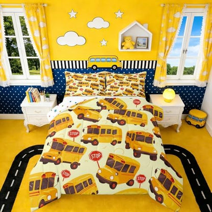Erosebridal School Bus Comforter Set Toddler for Kids, Cartoon Truck Bedding Set for Boys Girls Teens Youth Bedroom Decor, School Theme Comforter, Yellow Vehicle Quilt with 1 Pillowcase, 2 Pcs