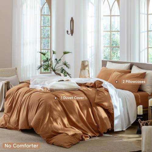 MooMee Striped Duvet Cover Set 100% Washed Cotton Linen Like Queen
