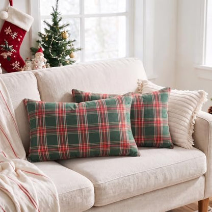 AVOIN colorlife Christmas Green Red Plaid Decorative Throw Pillow Covers, 12 x 20 Inch Holiday Scottish Tartan Cushion Case Farmhouse Decoration for Sofa Couch Set of 2
