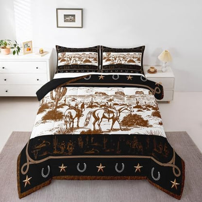 Manfei Western Cowboy Comforter Set Queen Size, Cowboy Horse Western Bedding Set 3pcs, Wild West Cactus Farmhouse Brown Down Comforter for All Season, Kids Boys Teens Room Decor, 2 Pillowcases