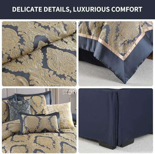 Bedduvit Luxury 7 Piece King Comforter Set - Vintage Damask Jacquard Design Bed in Bag King, All Season Navy Blue and Gold Down Alternative Thick Bedding Set with Bed Skirt, Decorative Pillows, Shams