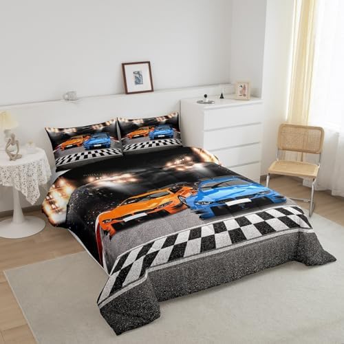Feelyou Sports Car Comforter Toddler Size Decor Orange Blue Race Car Comforter Set for Kids Boys Racing Car Bedding Set Extreme Sports Competitive Quilt Set Room Decorations