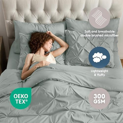 Nestl 9 Piece Full Comforter Set – Sage Green Pinch Pleated Bed in a Bag – Complete Full Size Bedding Set with Sheets, Set of 2 Cooling Pillows, Pillowcases and Shams