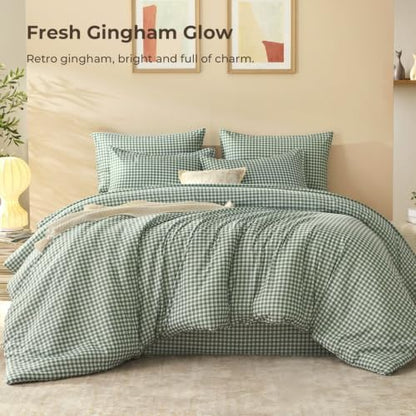 Litanika Forest Green Gingham Queen Comforter Set 7 Pieces