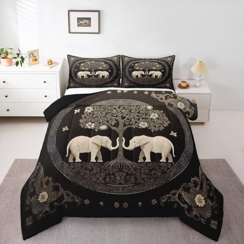 Manfei Boho Elephant Kids Comforter Set Full Size,Tree of Abstract Life Western Tribal Bedding Set,Girls Boys Room Decor,Flowers Plant Botanical Quilt Comforter,Black Retro Duvet Insert,2 Pillowcases