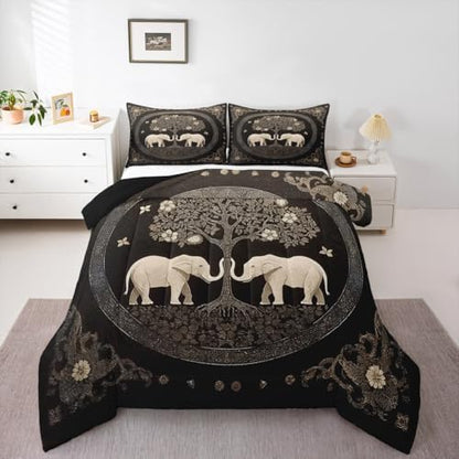 Manfei Boho Elephant Kids Comforter Set Full Size,Tree of Abstract Life Western Tribal Bedding Set,Girls Boys Room Decor,Flowers Plant Botanical Quilt Comforter,Black Retro Duvet Insert,2 Pillowcases