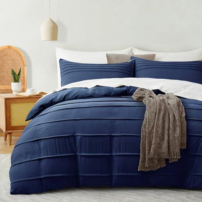 Oli Anderson 3PCS Pleated Duvet Cover Set, Navy Blue, Queen