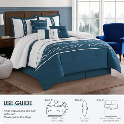 LANCO MODERN LIFESTYLE 7 Piece Comforter Set, California King, Green Geometric Clip, 100% Polyester, Luxury All Seasons Bed Set Includes Comforter, Bed Skirt, Pillow Shams, and Decorative Pillows