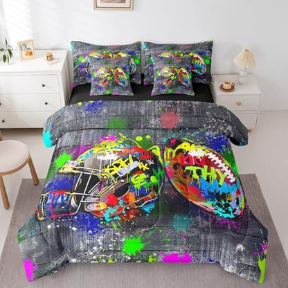 Erosebridal Graffiti Rugby Ball King Bedding Set - Colorful Rugby Helmet Bed in A Bag,Sports Comforter Sets with Sheets, Football Game 7 Pieces Bed Set Bedroom Decor
