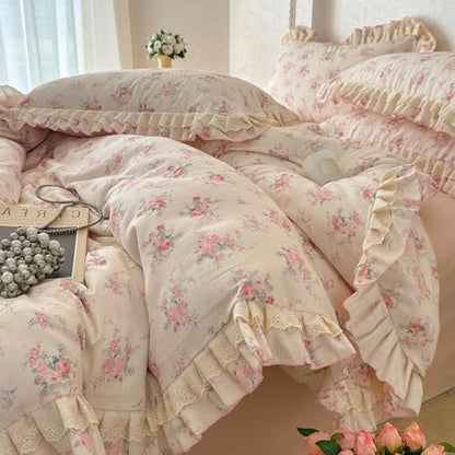 VM VOUGEMARKET Pink Rose Flower Duvet Cover Set Queen Romantic Lace Ruffled Bedding Set Soft Muslin Cotton,Breathable Linen Like Gauze Comforter Cover with Zipper Closure 90"x90"