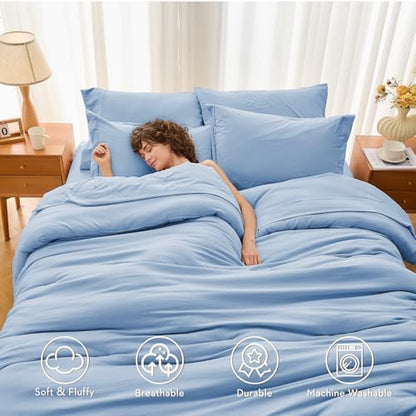 MUXHOMO 7 Pieces Oversized King Comforter Set, Soft Bed in a Bag Oversized King Size, All Season Bedding Set with Comforter, Flat Sheet, Fitted Sheet, Pillowcases & Shams, Greyish Blue