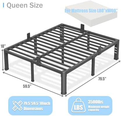 18 inch Queen Bed Frame with Round Corner Legs and Headboard Hole Mattress Slide Stopper 3500 lbs Heavy Duty Metal Platform,Steel Slats Support,No Box Spring Needed,Easy Assembly,Noise Free