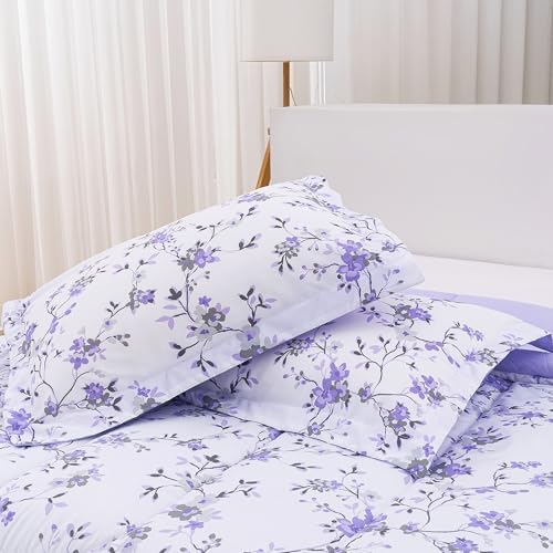 Mooreeke Floral King Size Comforter Sets, Lightweight Purple Lavender Botanical Printed Bedding for All Seasons, 3-Piece Vintage Bed in a Bag with Fluffy Quilted Reversible Comforter & 2 Pillow Shams