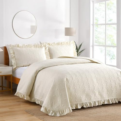 DJY Queen Size Quilt Sets, Beige Soft Bed Summer Quilt, Ruffled Bedding Set
