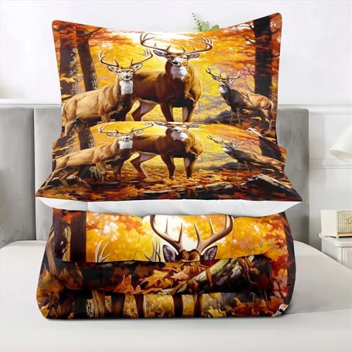 LUVIVIHOME 3PCS Rustic Deer Comforter Set King Size, Camo Hunting Bedding, Elk Moose Autumn Woodland Forest Animal Wildlife Hunter Country Lodge Rustic Farmhouse Cabin Bedroom Decor, 2 Pillow Shams
