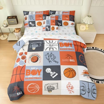 6pcs Basketball Comforter Set for Boys, Queen Size Bedding Sets for Teen,Kids Comforter Set with 1 Quilt+1 Flat Sheet+1 Fitted Sheet+2 Pillowcases+1 Cushion Cover(Basketball-E Queen)