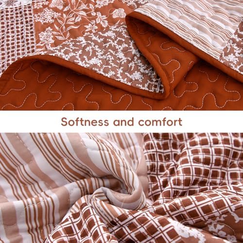 Mybedsoul Burnt Orange Boho Quilt King Size, Patchwork Floral Bedding Set