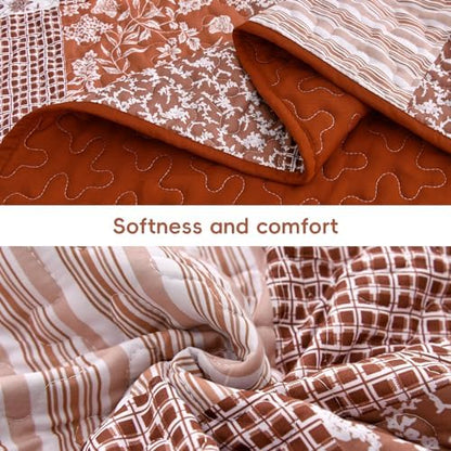 Mybedsoul Burnt Orange Boho Quilt Queen Size, Patchwork Fall Bedding Set