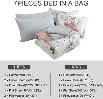 Floral Comforter Set King, 7 Pieces Blush Pink Flower on Grey Bedding Set