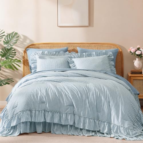King Size Comforter Set Blue Gingham Ruffle 7 Pieces Farmhouse Bed in a Bag